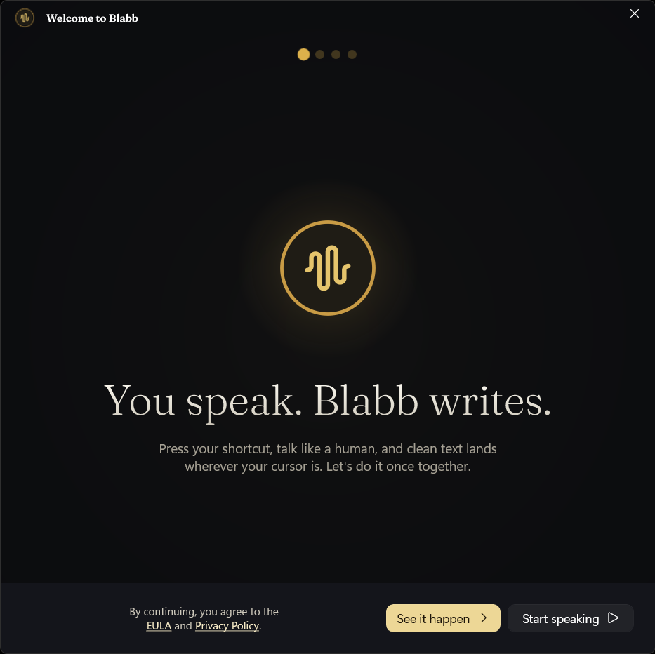 Blabb welcome screen: 'You speak. Blabb writes.'